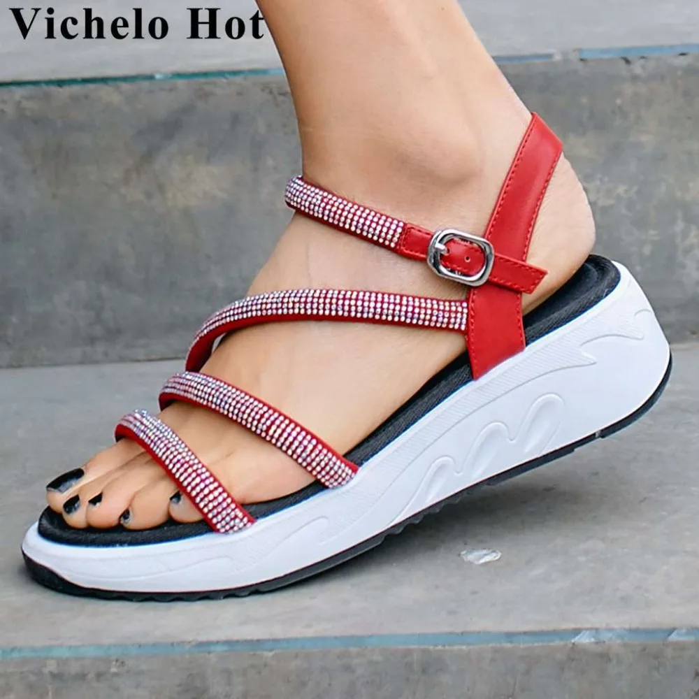

Vichelo Hot natural leather glitter crystals studded med bottom wedges platform buckle strap round peep toe summer sandals L90