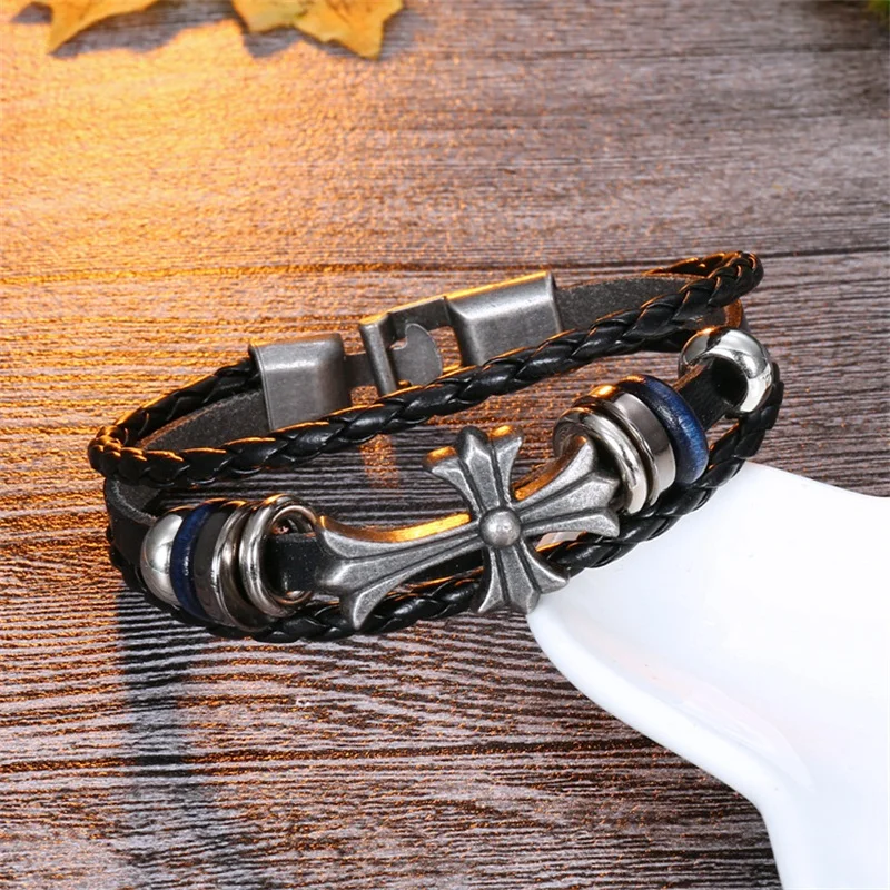 Silver Cross Charm Leather Bracelet For Men Women Jesus Christian