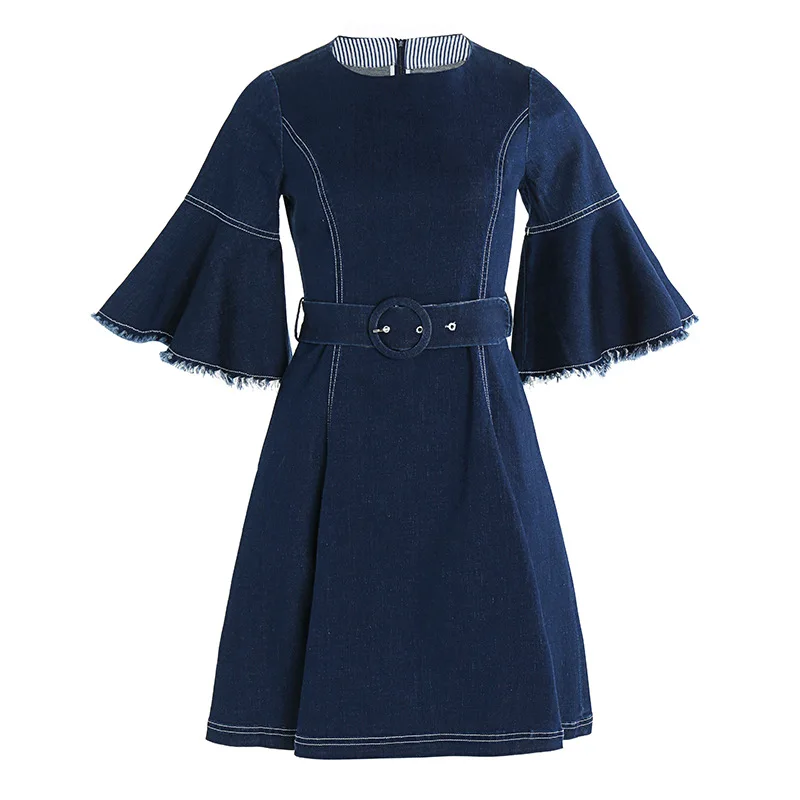 High Quality Denim Dress 2019 Spring Summer Casual Dress Women Color Block Stitching Flare Sleeve High Waist Blue Jeans Dress