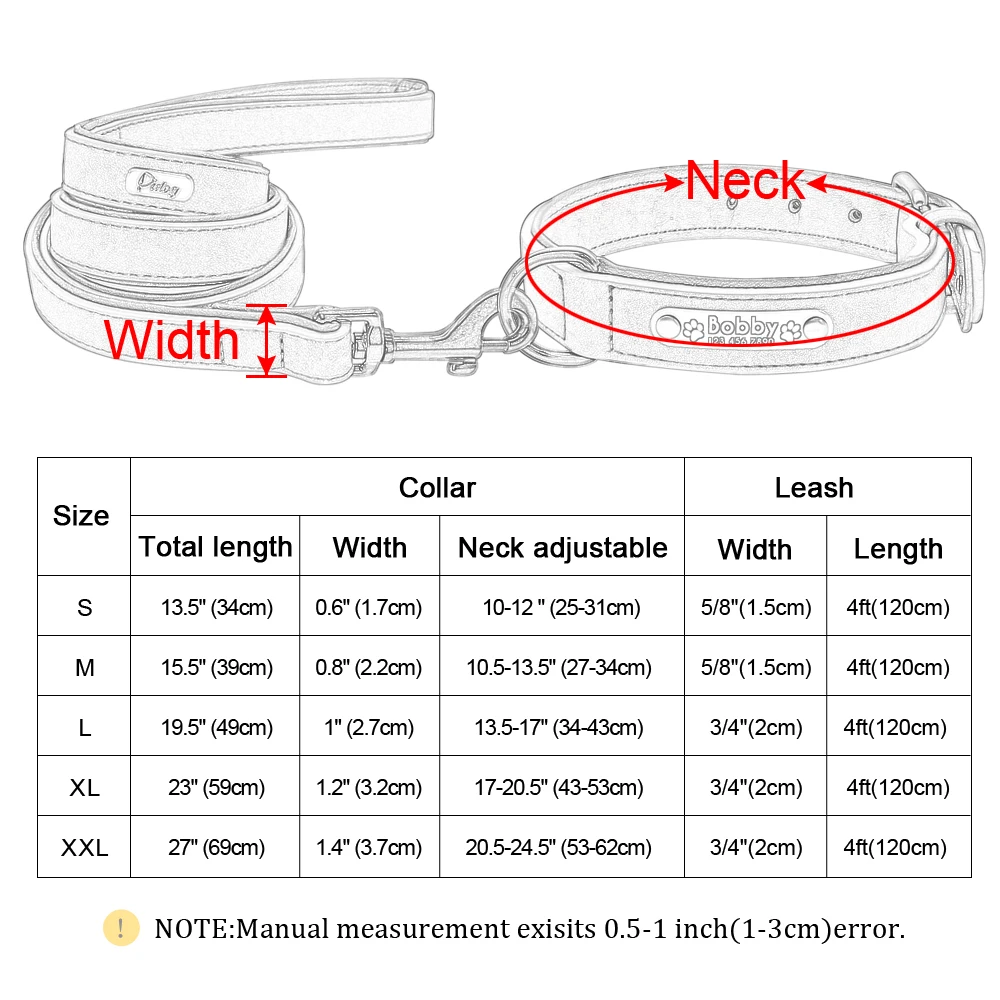 Dog collar Dog traction rope Pet leash set Personalized Dog Collar and Leash Leather Padded Engraved Dogs Collars Lead Rope Set Bulldog Pitbull
