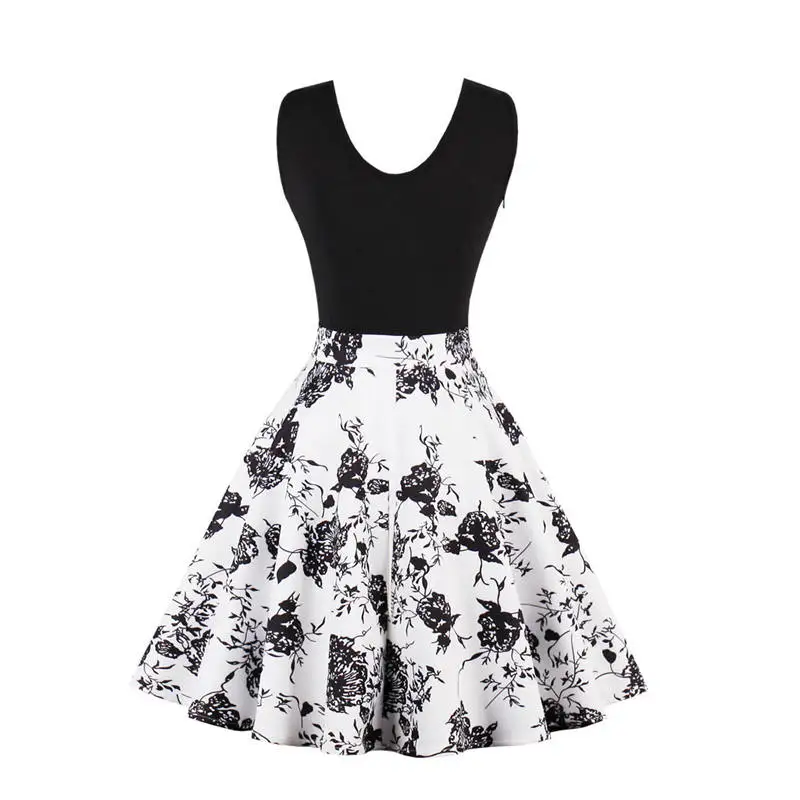 

2018 Summer Floral Print Big Swing Womens Dress Retro Vintage 50s 60s Ladies V-neck Evening Party Dress Sleeveless Sundress New