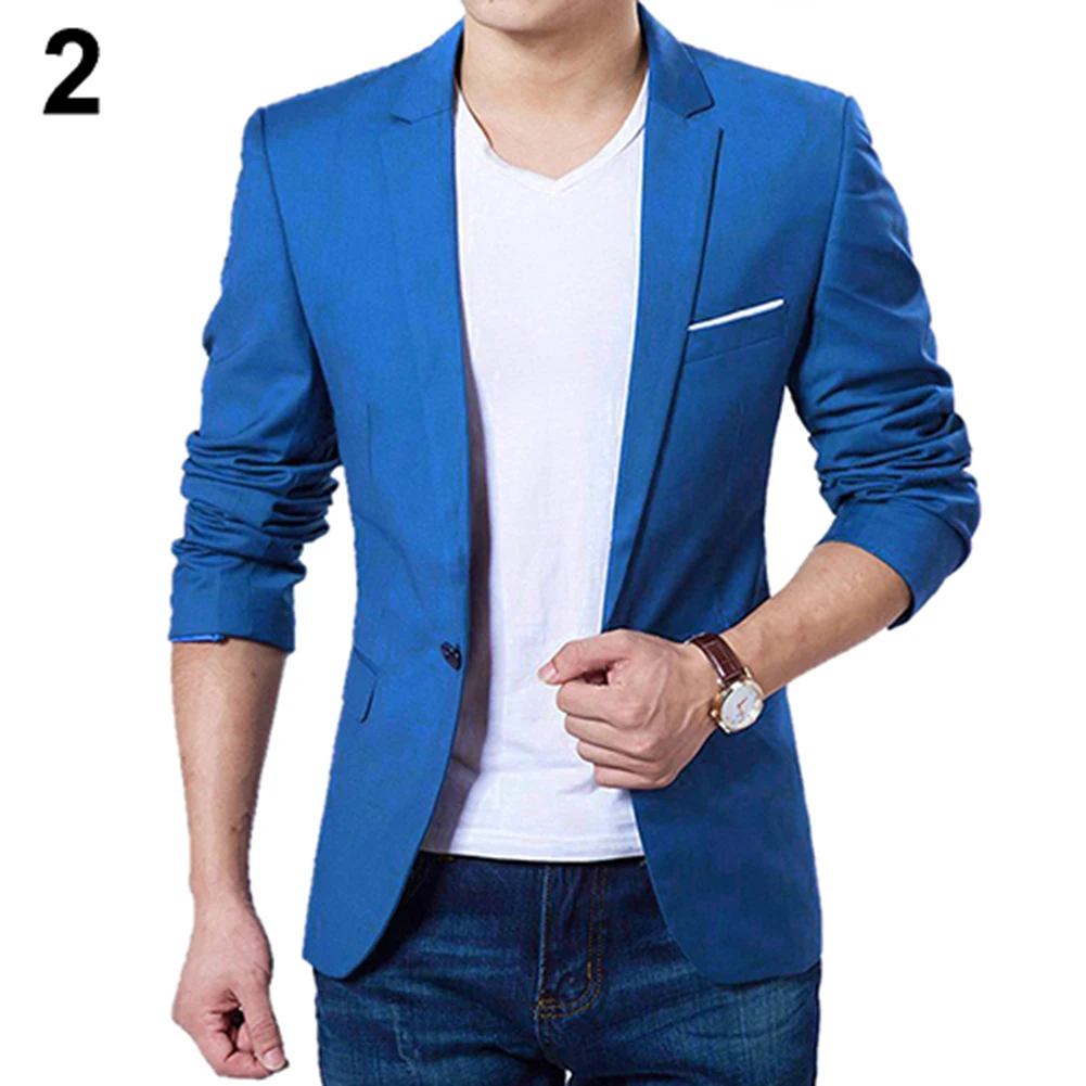 Модный мужской тонкий осенний костюм Блейзер формальный деловой мужской костюм на одной пуговице с отворотом Повседневный длинный рукав с карманами верхняя одежда - Цвет: Синий