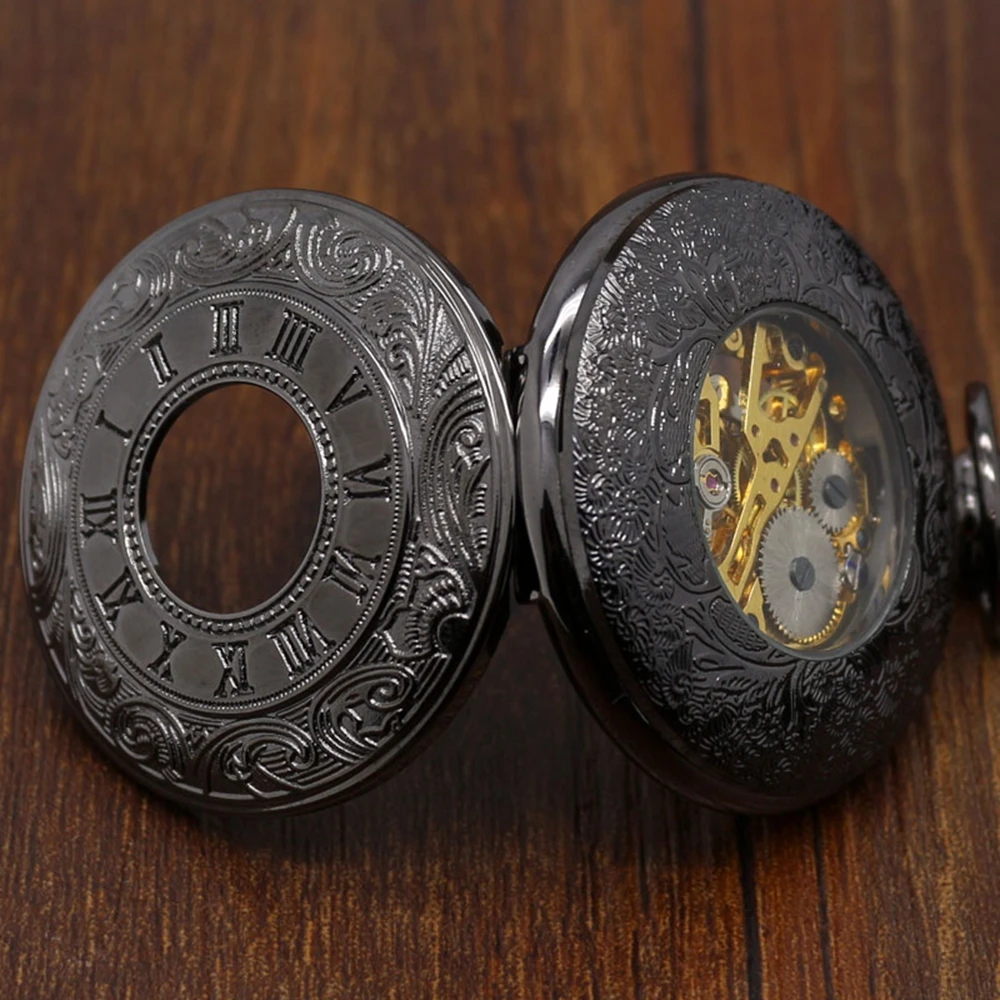 Luxury Hollow Caving Pocket Watch Set Vintage Black Full Hunter Design Mechanical Clock Necklace Pendant Clock Gift Bag Box (7)