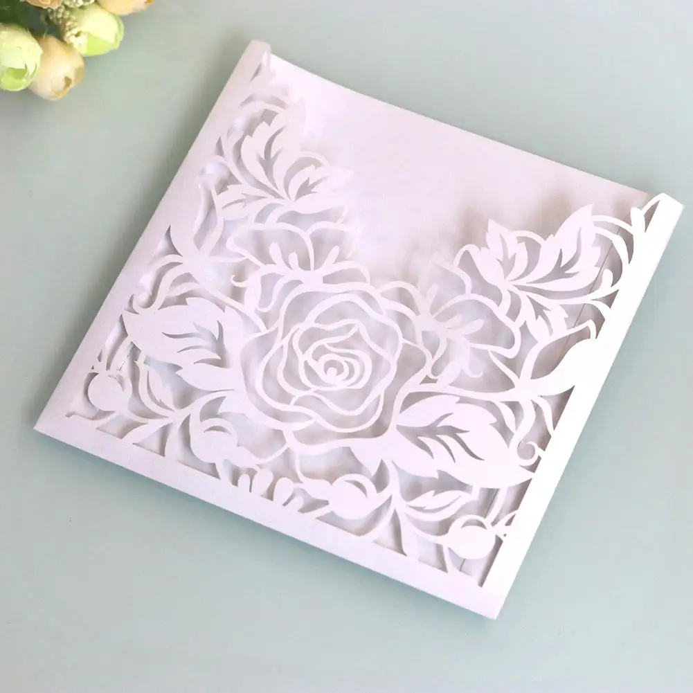  10pcs/lot Lace Pocket Wedding Invitations Cards Square Laser Cut Rose Flower Greeting Card Invitati - 4.00001E+12