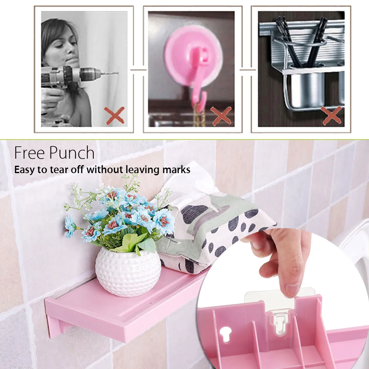 

Wall-mounted Bathroom Shelf Storage Rack Organizer Shower Wall Shelf with Suction Cup Home Kitchen Bathroom Shelves 38x14x2.2cm