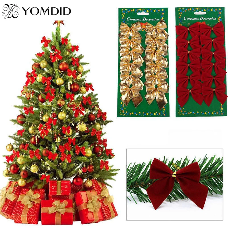 24pcs Xmas Bow Red Gold Silver Christmas Tree Bows Decoration New Year Ornaments For Home