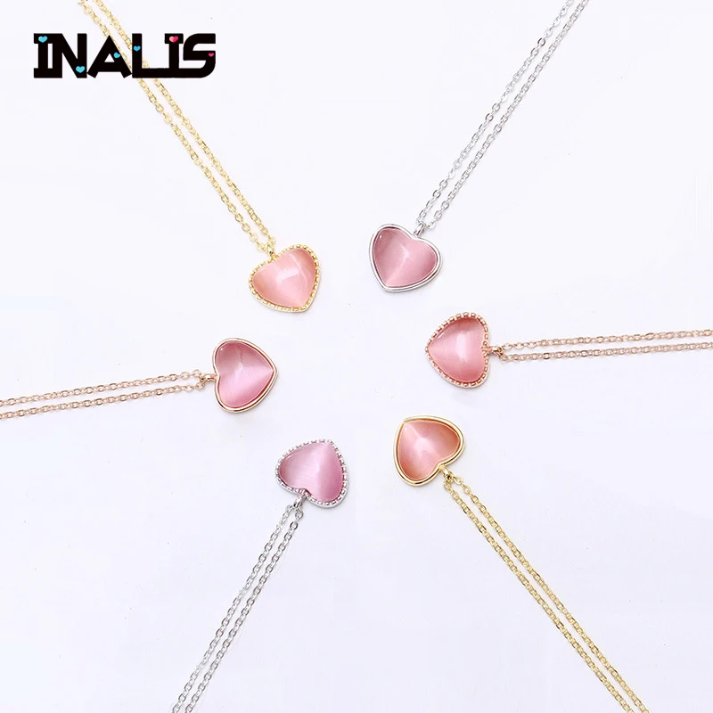 

INALIS New Delicated Charming Link Chain Necklace S925 Sterling Silver Red Heart Cat's Eye Pendant for Women Fine Jewelry Gift