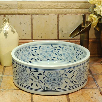 

Europe style chinese wash basin Jingdezhen Art Counter Top ceramic basin sink decoration bathroom sinks blue and white