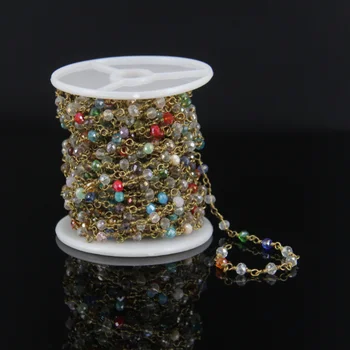

3x4mm Antique Bronze Chain with Glass Faceted Rondelle Beads,Brass Chain Rainbow Color Glass Wire Wrapped Link Rosary Necklace