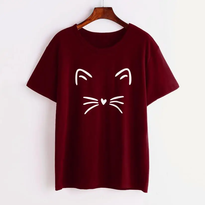 

2018 Hot Sale Women's Fashion Summer Cat Printing Polyester Daily Cute O-Neck Loose Tops Short-Sleeved T Shirt 30 Apr4