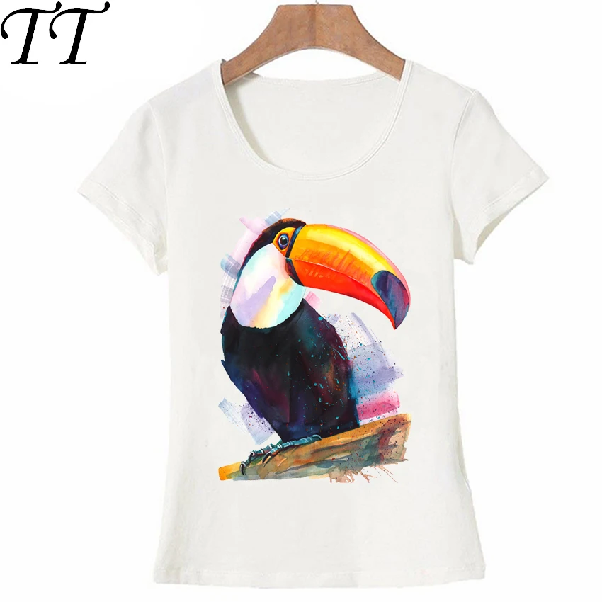 

A very bright tropical toucan waiting watercolor print T-Shirt summer fashion Women t-shirt casual maiden Tops cute female Tee