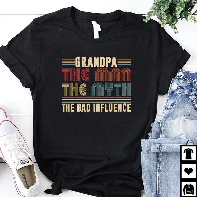 Винтаж дедушка Человек Миф плохое влияние подарок для футболка с надписью Grandpa - Цвет: Черный
