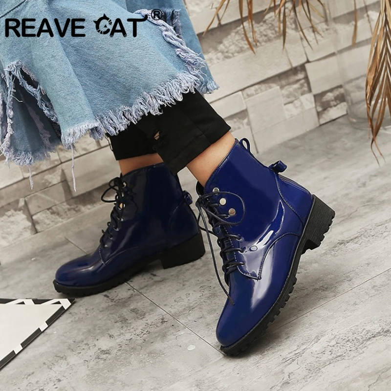 

REAVE CAT Ankle Boots Shoes women Winter Lace up Pu leather Thick heel Botas feminino mujer Size 34-46 Black Boots A1387