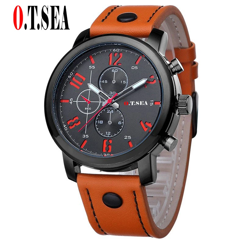 Hot Sales O.T.SEA Brand Soft Pu Leather Watch Men Military Sports Quartz Wristwatch Relogio Masculino 8192 -