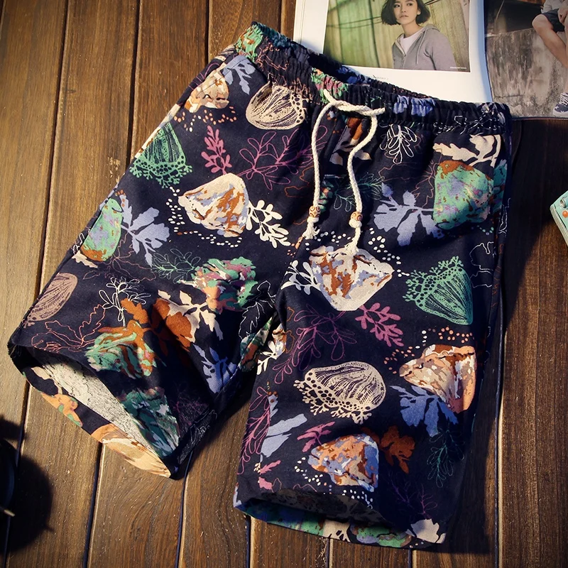  100% Cotton Summer Mens Fashion Boutique Printed Linen Cotton Casual Beach Shorts Mens Breathable C