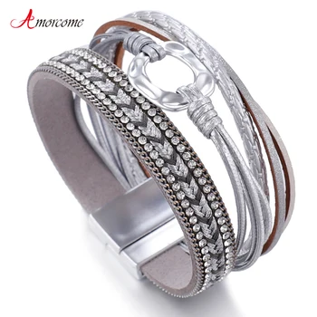 

Amorcome Leather Bracelet Women 2019 Fashion Metal Circle Charm Ladies Bohemian Wide Multilayer Wrap Bracelet Party Jewelry