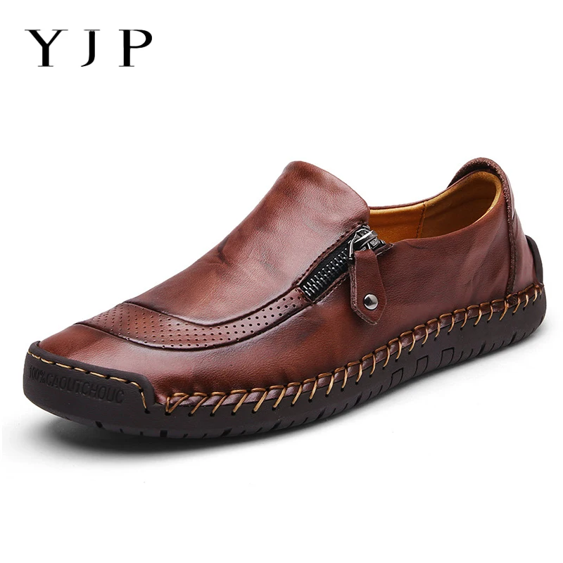 

YJP Hand Stitching Cow Split Leather Shoes Men Slip-on Loafers Breathable Flat Heel Soft Sole Moccasins Men Shoes Plus Size New