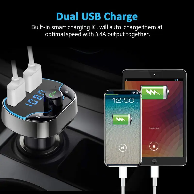 

Bluetooth FM Transmitter Charger, Wireless Radio Transmitter Car Kit Adapter with Hands Free Calling, Dual USB Ports (5V/2.4A