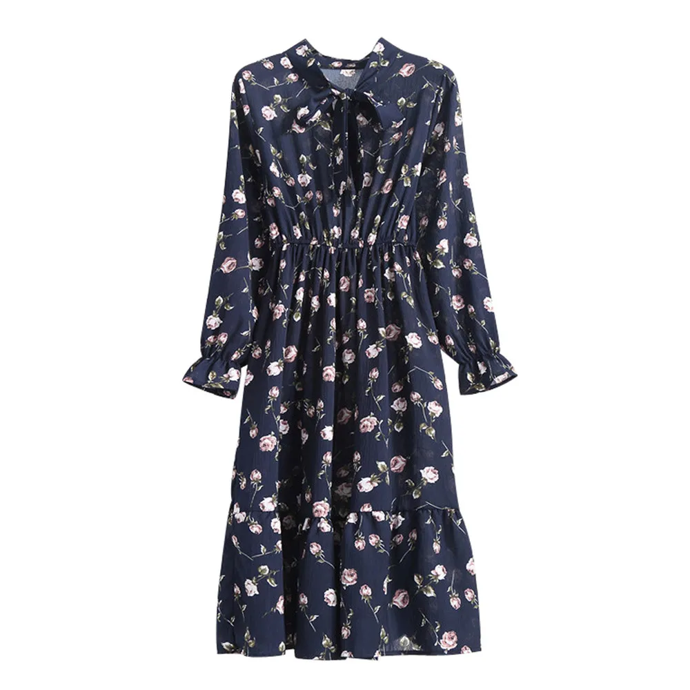 

Women Chiffon Dress Long Sleeve Korea Style Floral Printing Vintage Dresses 2019 Autumn Bow Tied Neck Elegant Dress #T30