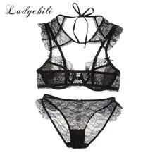 Ladychili Для женщин интимные бюстгальтера черный, белый цвет супер пикантные прозрачные полный Кружево тонкий бюстгальтер и краткий набор спереди Синтетическое закрытие волос бюстгальтер n297