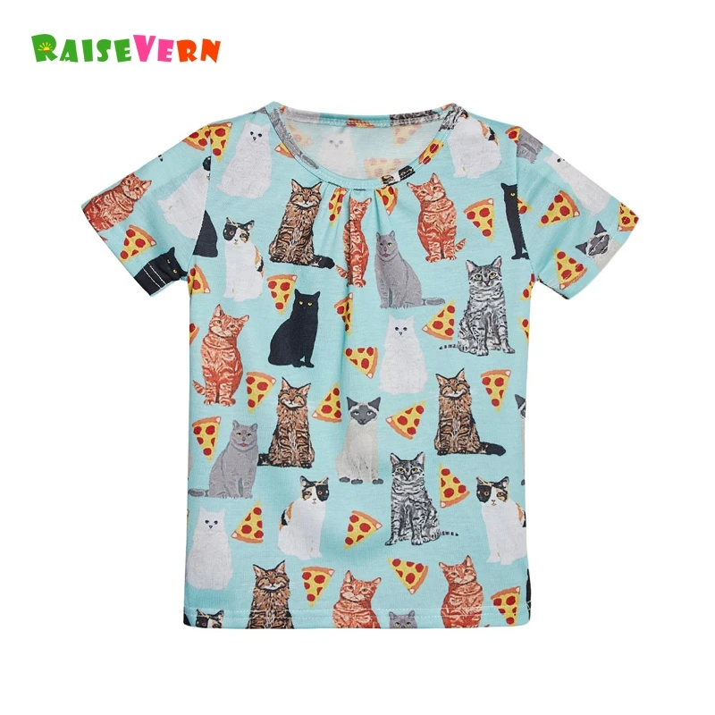 

Cute Summer Pizza Cat Printed Girls Casual Tops Funny 3-12Y Children Tees Kids T-shirt Short Sleeve Cartoon Blouse