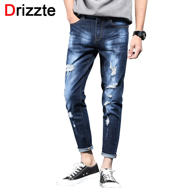 Drizzte Ankle Jeans Men Ripped Distress Stretch Denim Slim Fit Jeans for Men Soft Comfort Jeans