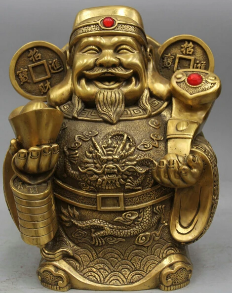

JP S62 13 Chinese Brass Stand Feng Shui Ru Yi Yuan Bao Mammon Money Wealth God Statue B0403