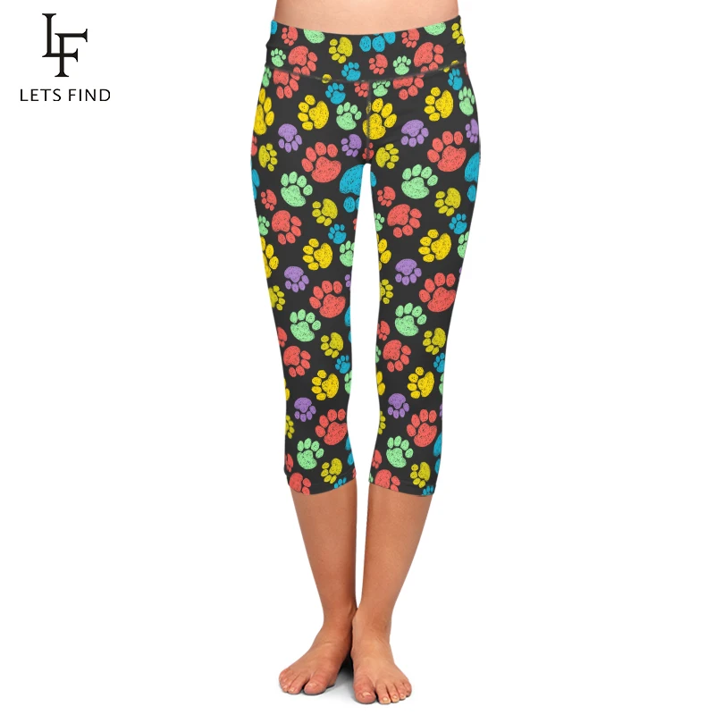 

LetsFind Summer New Women Capri Legging Colorful Dog's Paw Printing Casual Mid-Calf 3/4 Fitness Soft Leggings Plus Size