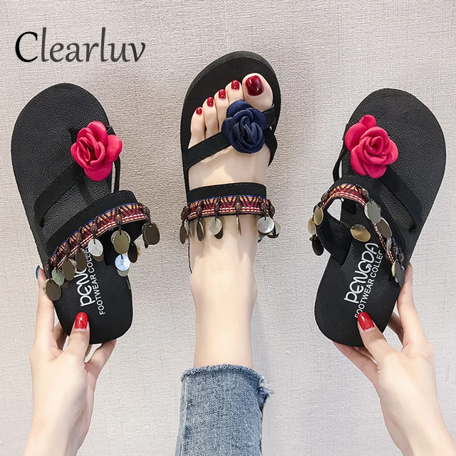 

Summer hot flip flops flowers clip toe tassel sequins thick bottom wedges slippers fashion beach shoes ethnic style sandalsC1237