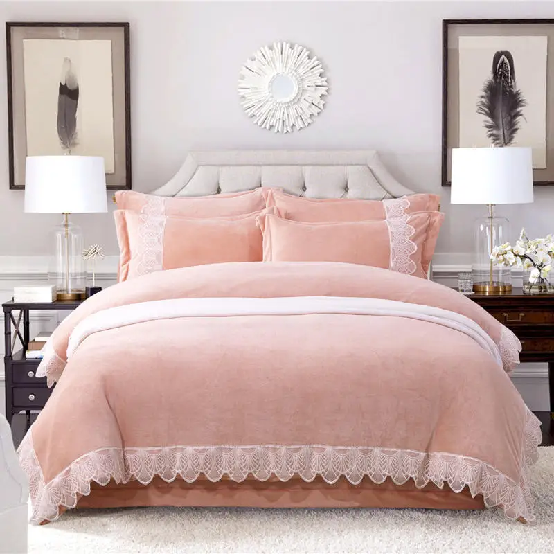 

Fleece Pink Bedding Set Luxury Queen King size Lace Bed set Soft Bed sheet/Fitted sheet duvet cover linge de lit ropa de cama