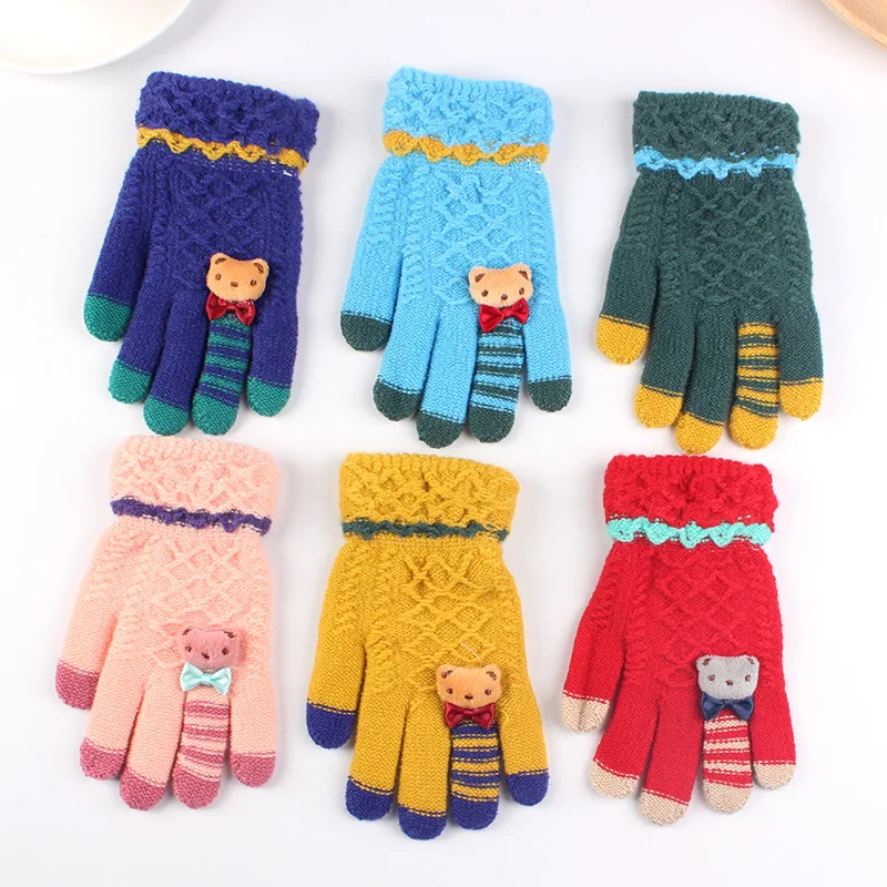 

AHB Winter Kids Gloves Warm Knitted Gloves Full Finger Thick Mittens with Bear Bow Cartoon 5-10-Year-Old Children Gloves
