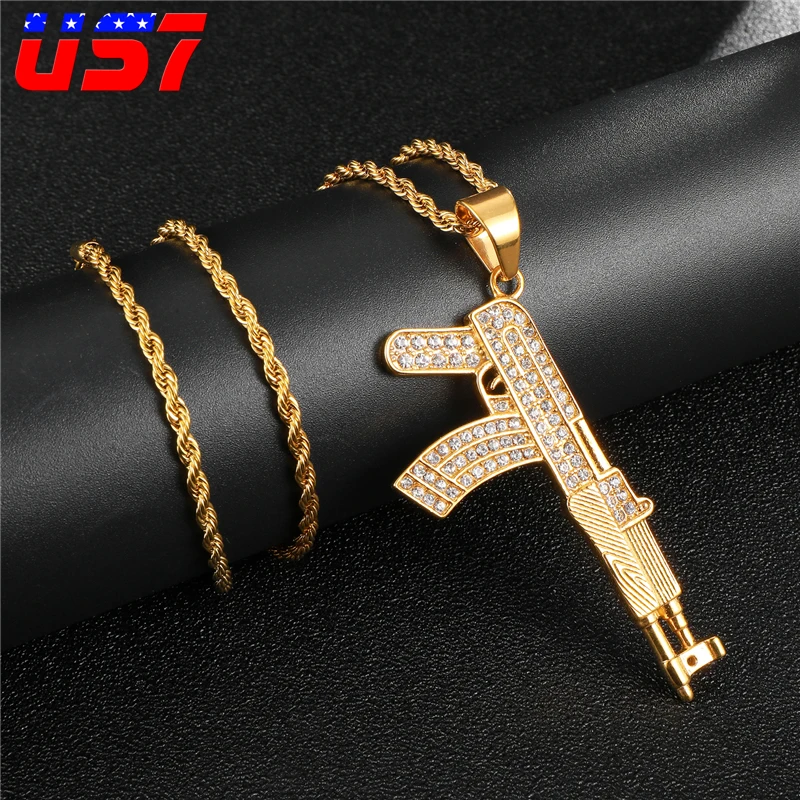 

US7 AK47 Hip Hop Gun Pendant Necklace Men Stainless Steel European Uzi Pendant For Men Iced Out Rhinestone Fashion Jewelry