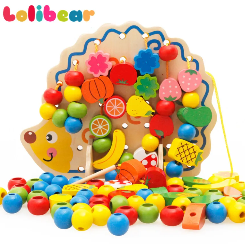 

82Pcs/set Montessori 3D Wooden Blocks Cartoon Hedgehog Fruit Vegetable Colored Beads String Oyuncak Kids Learning Toys DIY Gift
