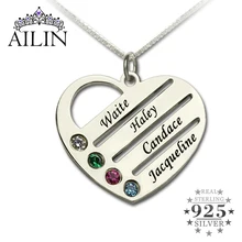 Comercio al por mayor de La Familia con Los Nombres de Los Niños Madre Collar de Plata Del Corazón Grabado Birthstone Joyería de Regalo de Navidad para la Mamá
