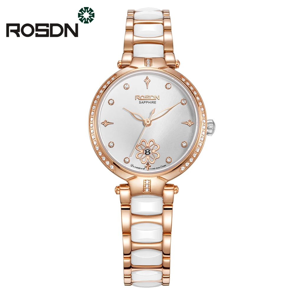 Kopen Luxe Rose Gold Quartz Horloge Vrouwen Merk ROSDN Diamant Keramiek Waterdichte Rvs Dames polshorloge Montres