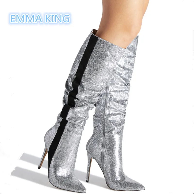 

Center Stripe Design Fashion Knee High Boots Women Pointed Toe Side Zipper Knight Boots Pleated Stiletto High Heel Shoes Woman