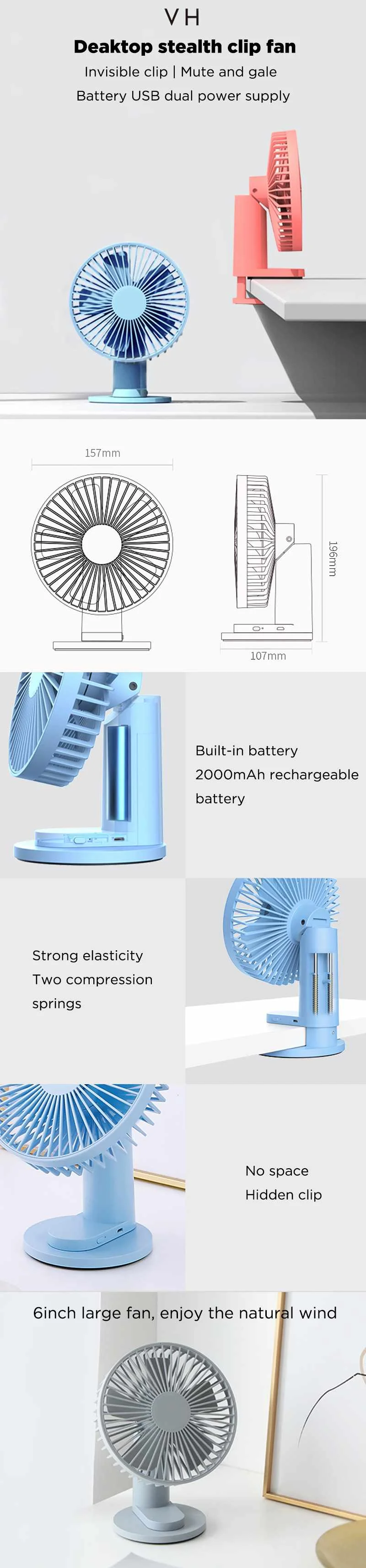 YOUPIN VH 4,5 Вт 2 в 1 настольный usb-вентилятор с зажимом, вращающийся на 90 °, 3 режима, вентилятор охлаждения для домашнего офиса, путешествий на открытом воздухе