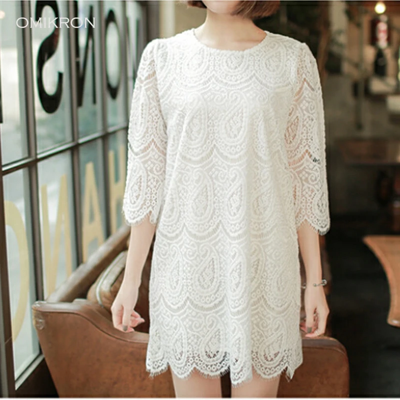 

OMIKRON 2019 New Fashion Sexy Hollow Out Dress Women Elegant White Lace Dress Flare Sleeve Elegant Casual Party Dress Vestidos