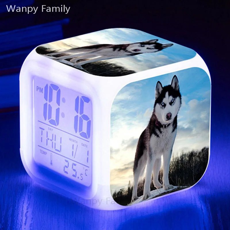 Очень милый светодиодный будильник Husky Dog 7 цветов, светящийся цифровой будильник для детской комнаты, ночной светильник, электронные часы - Цвет: Небесно-голубой