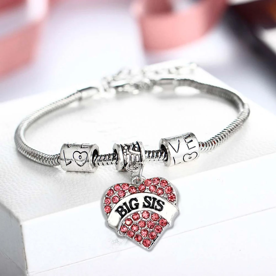 Pink Crystal Chain Love Heart Big Middle Little Baby Sis Charm Bracelet