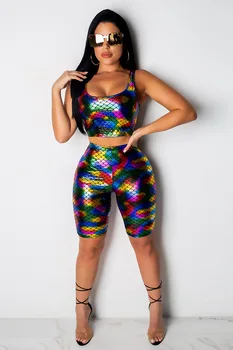 

UIDEAZONE 2019 New Arrival Summer High-elastic Vest Shorts Hot Silver Magic Color Scales Two-piece Party Club Set