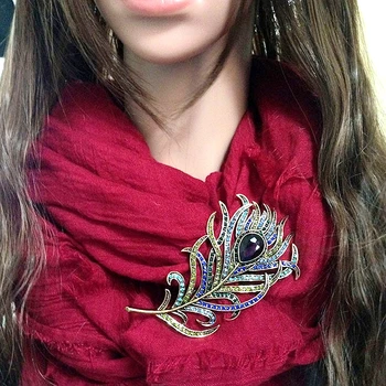 

New Arrival Large Women Vintage Feather Bronze Brooch Pin Antique Gold Crystal Rhinestone Metal Jewelry Accessory, Item: BH7943