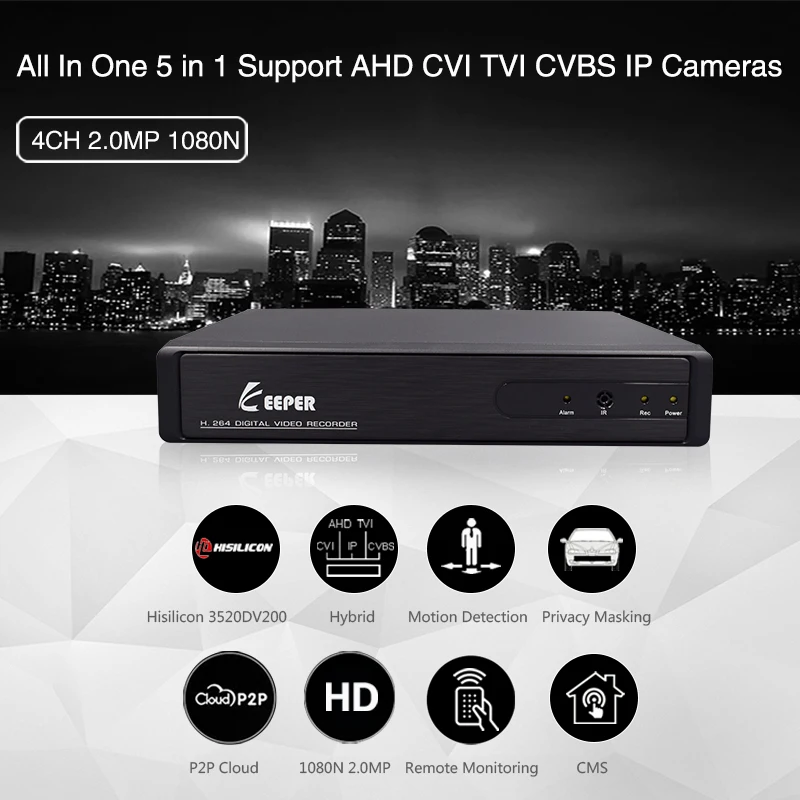 Хранитель 4 канала 1080N 5 в 1 Гибридный XVR DVR наблюдения цифровой видео регистратор поддержка TVI CVI AHD CVBS IP камера с P2P 4