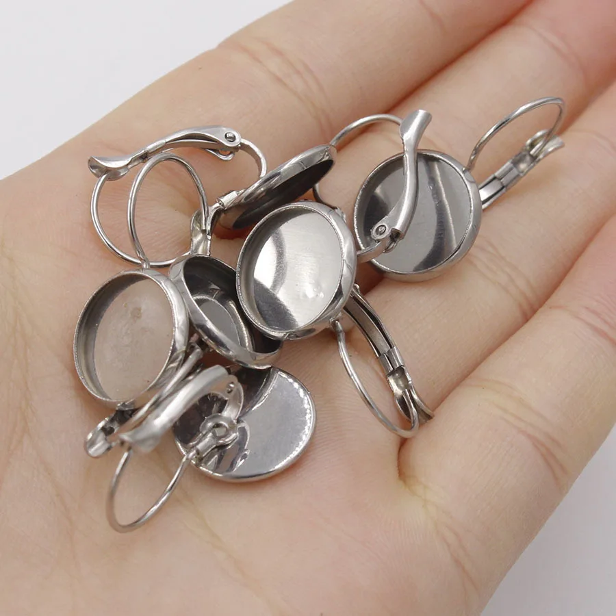 ( No Fade ) 12mm 10pcs Stainless Steel Back Earrings Blank/Base Fit Glass Cabochons Buttons Ear Clip Jewelry Making | Украшения и