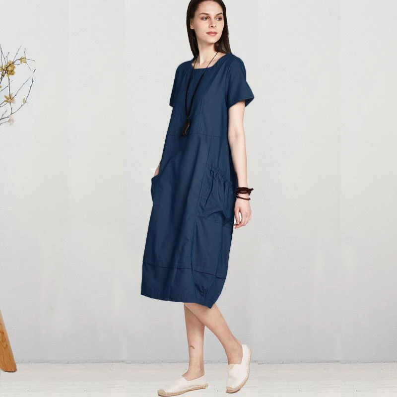 SCHMICKER, женское летнее платье с коротким рукавом, более размера, одноцветное свободное джинсовое платье размера плюс, комбинезоны, женские корейские элегантные джинсовые платья миди
