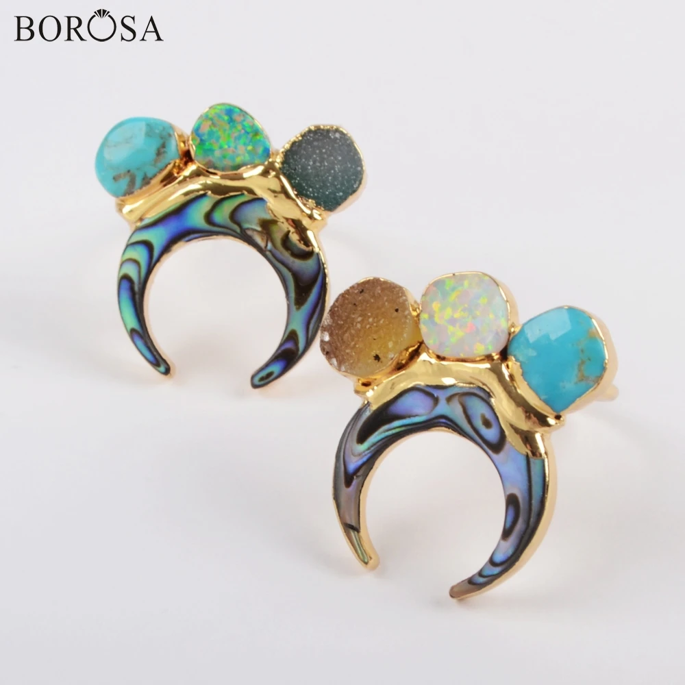 BOROSA 5 шт., позолоченные кольца рога Abalone Shell& Three Rainbow КУЛОН agates Druzy Кольца ISES кольца в стиле «Бохо» ювелирные изделия G1839