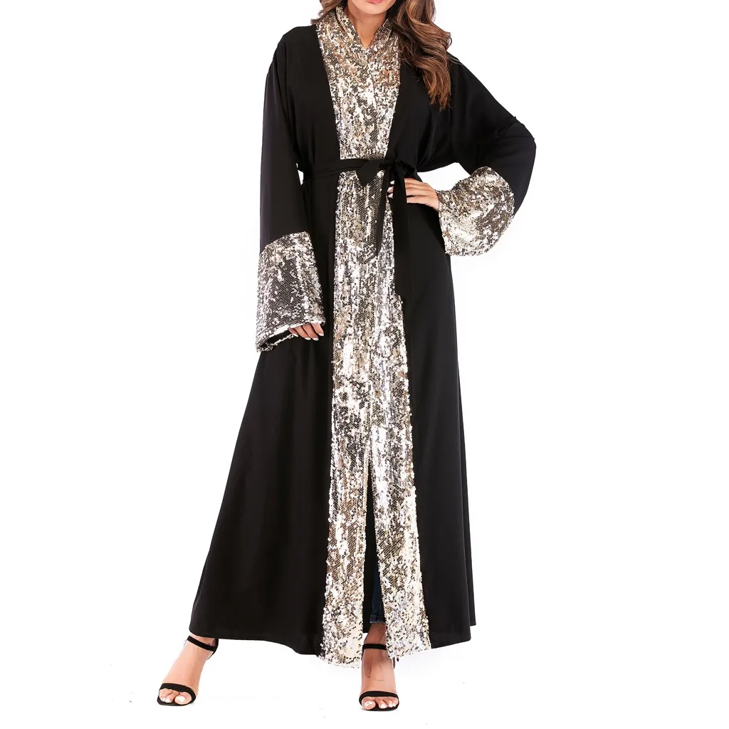 Women s National Cardigan Robe Abaya Islamic Muslim Middle East Long Sleeve Robe Sequined Bandage Dress 4.13
