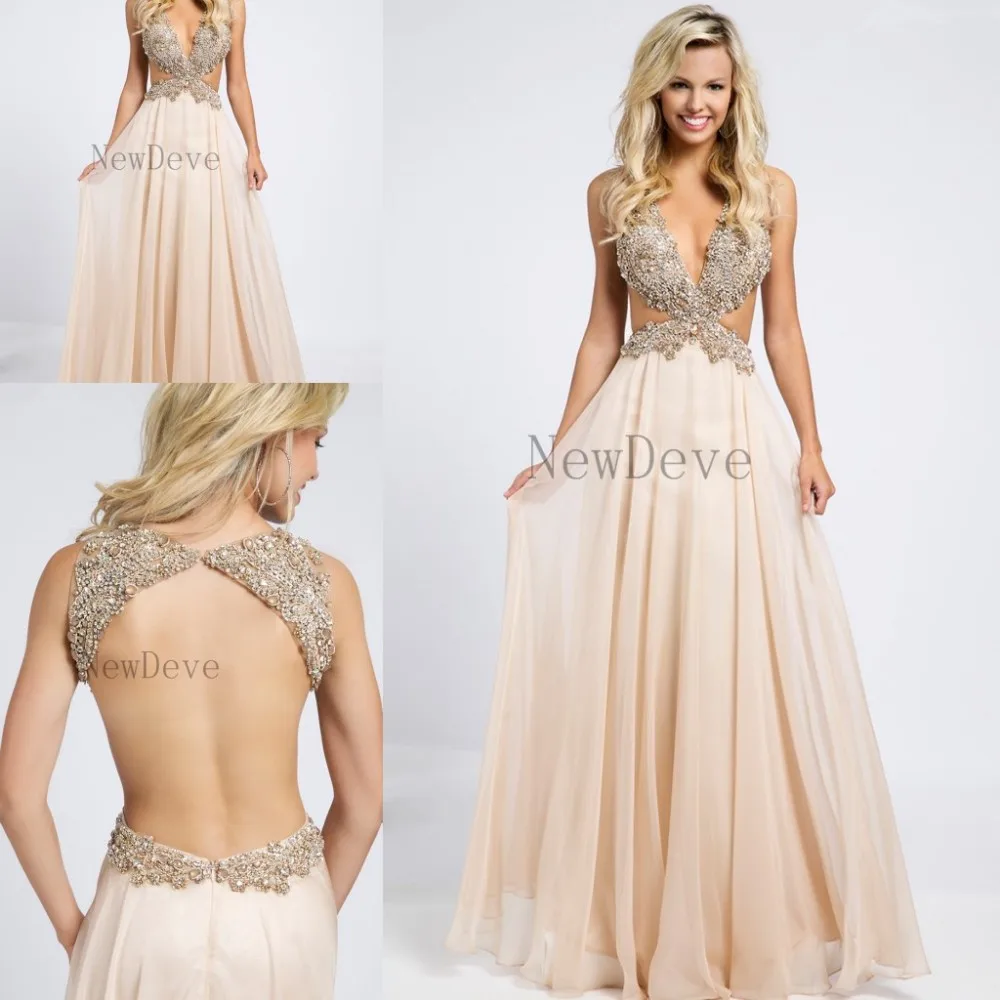 

Sexy Champagne Plunging Crystals Beaded Side Cutouts Open Back Chiffon Prom Dresses 2015 Unique custom Evening Gowns For Women