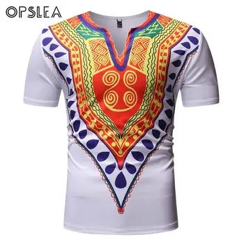 

Opslea Dashiki African Print V Collar Short Sleeve Male Top African Men Retro White Tee Shirt Traditional Tribal Ethnic Clothing