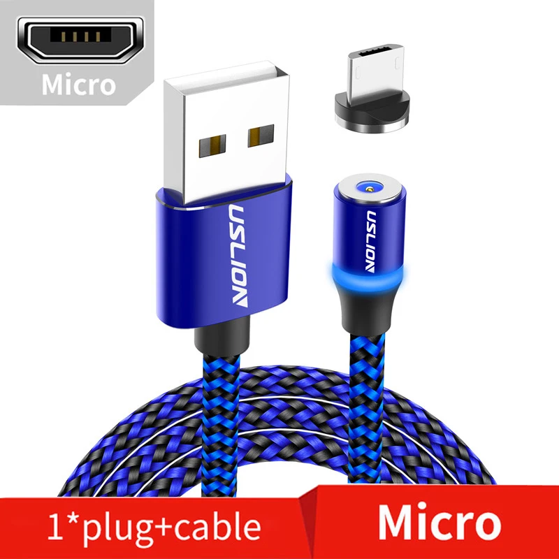 Магнитный светодиодный кабель USLION, нейлоновый кабель Micro usb type C, зарядное устройство для Iphone 7 X, samsung S10, huawei, Xiaomi, USB-C, магнитный шнур type-C - Цвет: Main Blue Micro